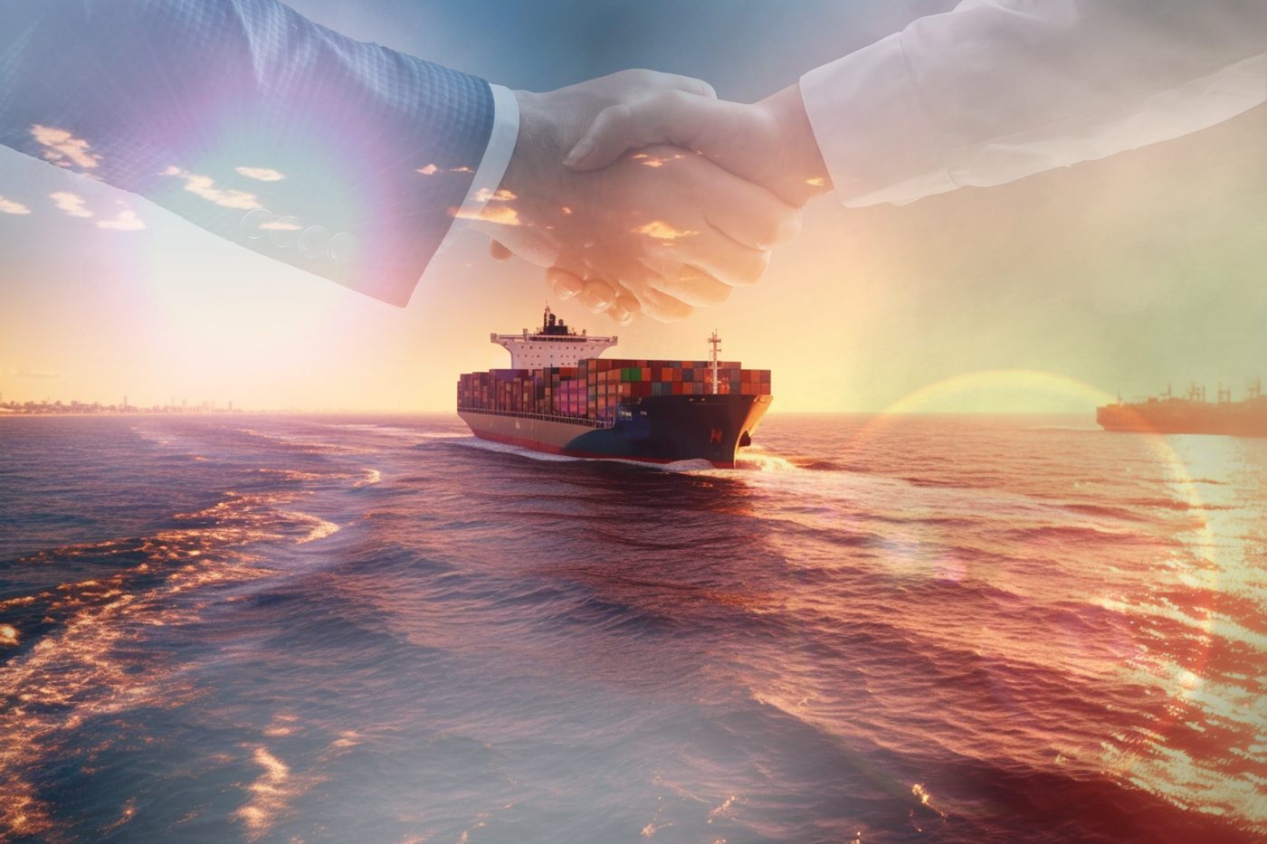 A container ship at sea during golden hour
